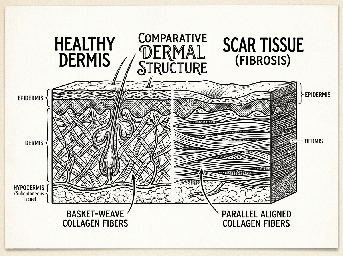 Cross-section of skin showing the difference between basket-weave collagen in healthy skin and parallel fibers in scar Cross-section of skin showing the difference between basket-weave collagen in healthy skin and parallel fibers in scar