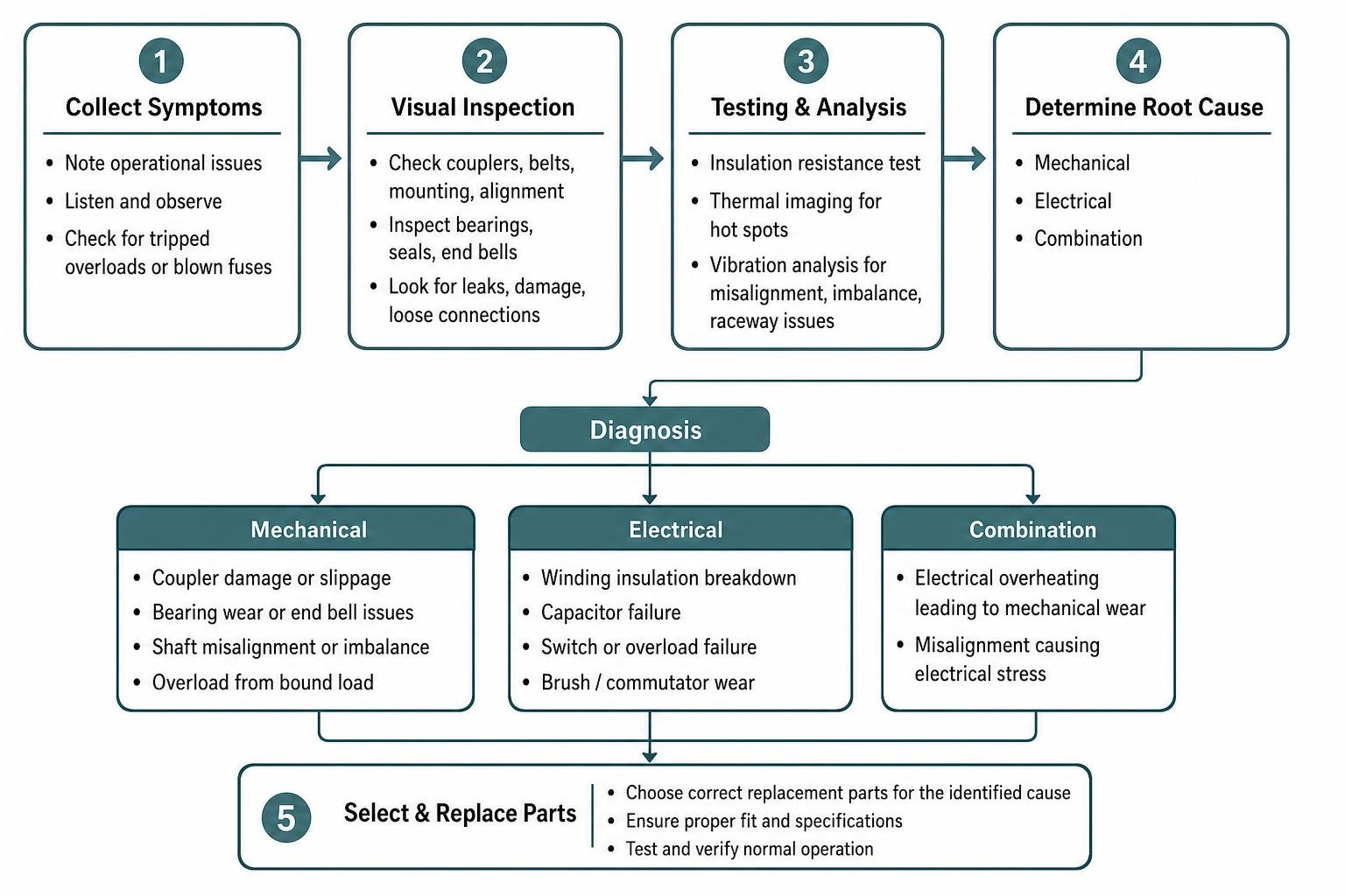 Diagnostic workflow process for motor component troubleshooting Diagnostic workflow process for motor component troubleshooting