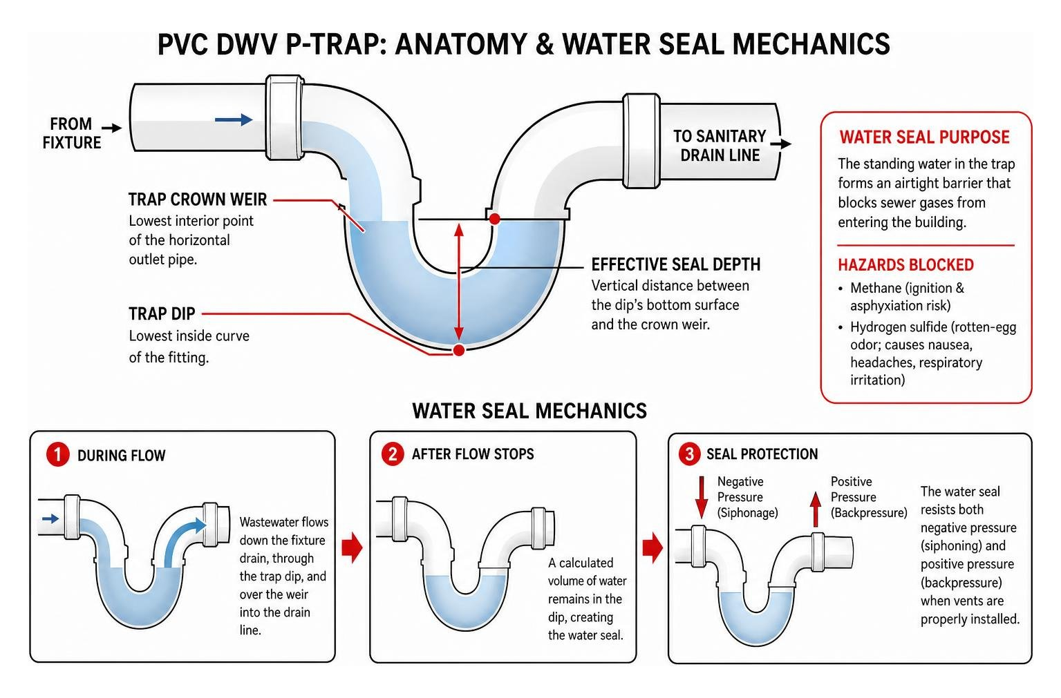 Diagram showing the anatomy and water seal mechanics of a plumbing trap Diagram showing the anatomy and water seal mechanics of a plumbing trap