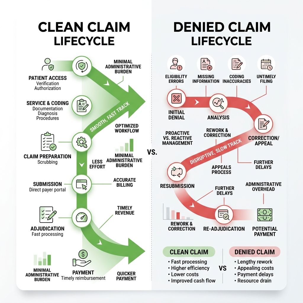 Infographic showing the lifecycle of a denied claim vs. a clean claim through the revenue cycle - denial prevention