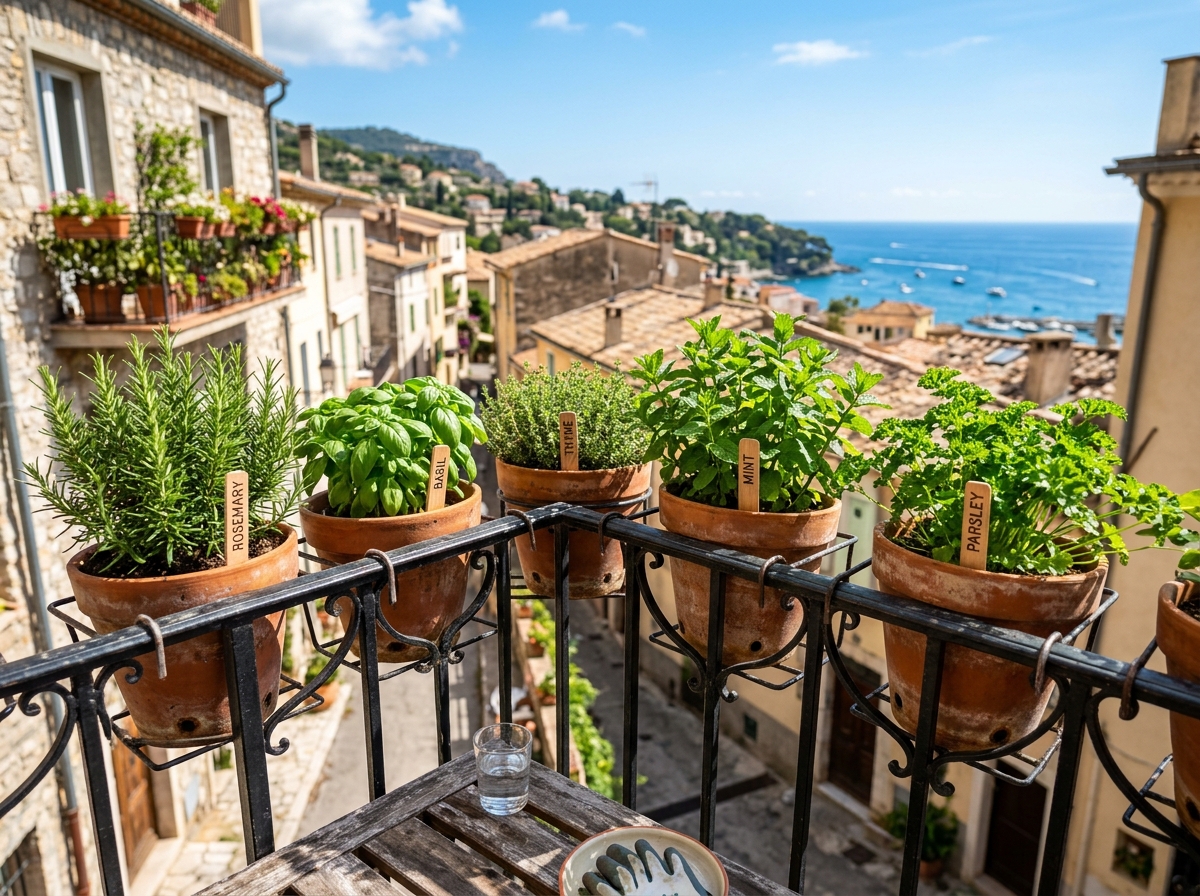 terracotta pots on a sunny railing - growing herbs on balcony