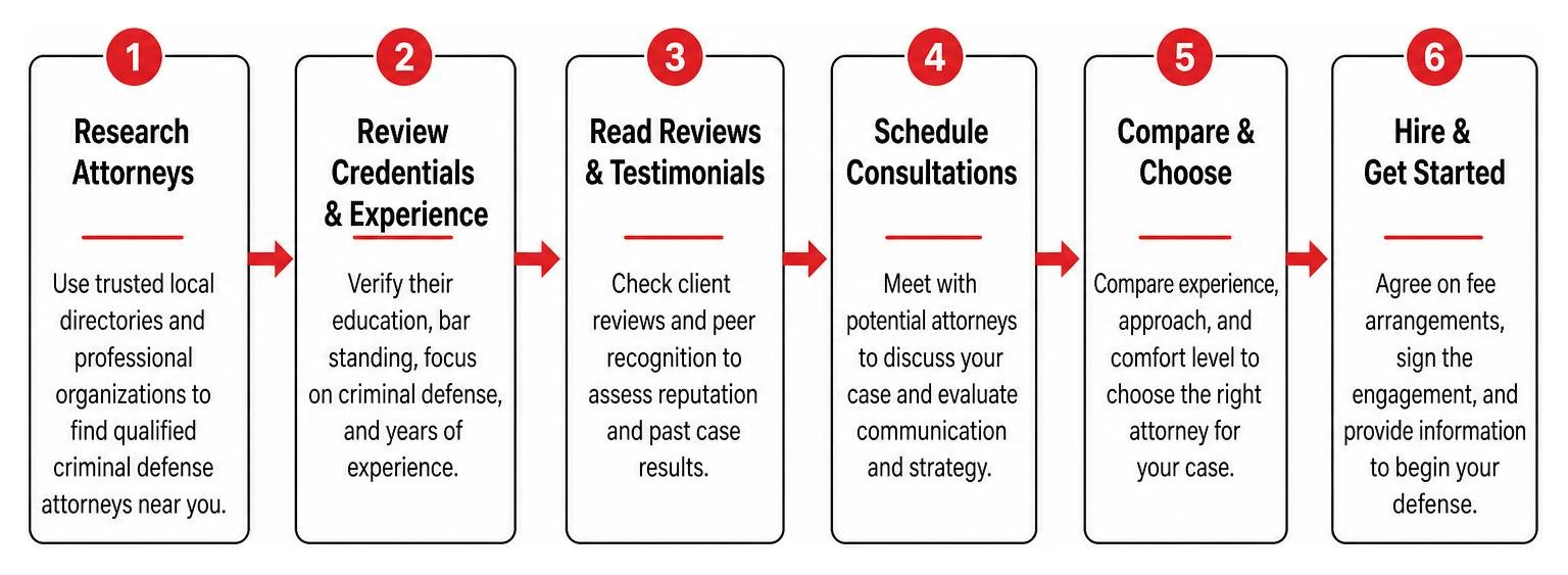 A step-by-step diagram of how to find and hire a local defense attorney