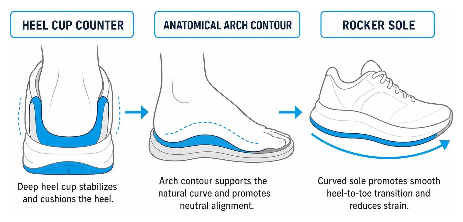 diagram of heel cup counter, anatomical arch contour, and rocker sole diagram of heel cup counter, anatomical arch contour, and rocker sole