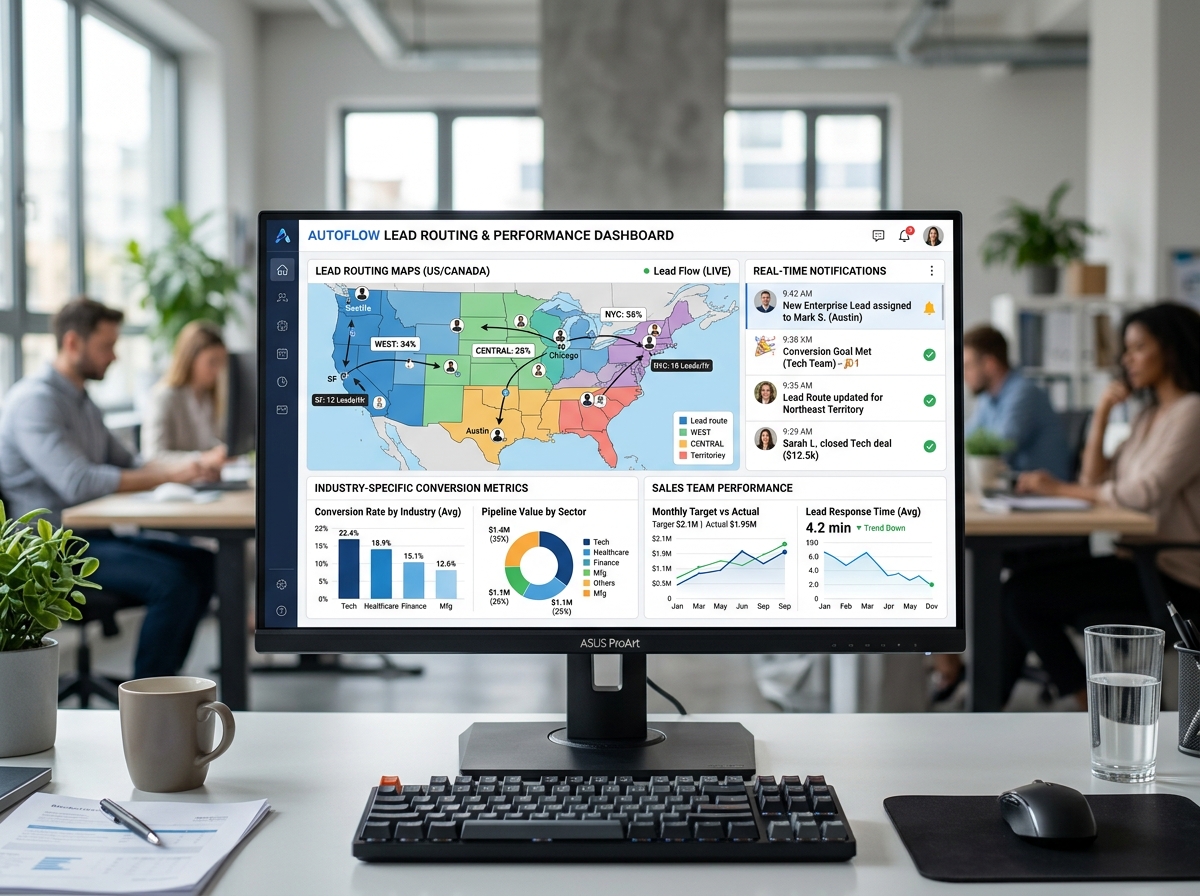 Digital dashboard showing automated lead routing and industry-specific conversion metrics - lead capture automation Digital dashboard showing automated lead routing and industry-specific conversion metrics - lead capture automation