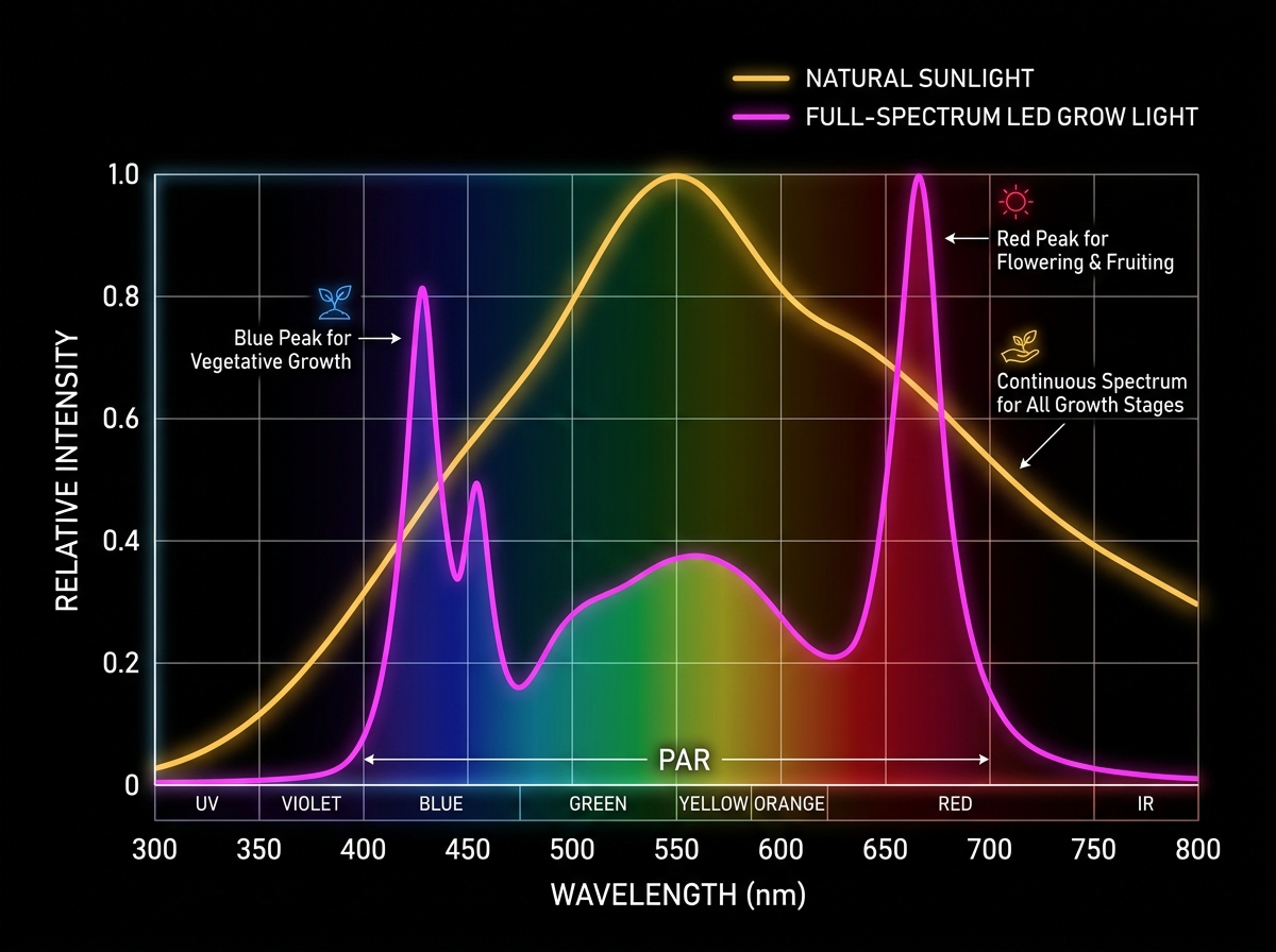 Graphic comparing the spectral output of natural sunlight versus full-spectrum LED lights - indoor herb garden lights
