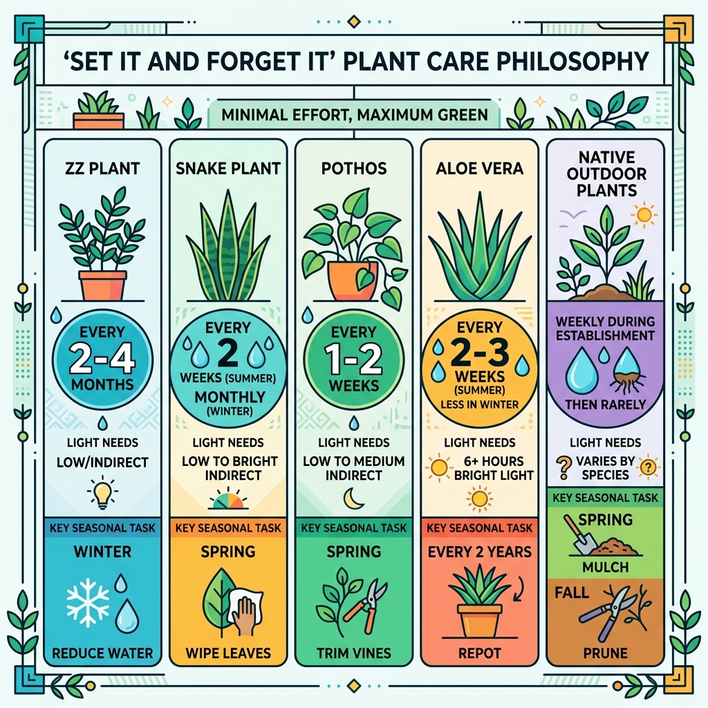 Infographic: Set It and Forget It plant care philosophy with watering intervals and seasonal tasks by plant type - low