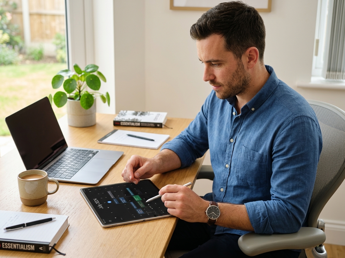 man organizing a schedule on a clean android tablet using a minimalist calendar app - minimalistic calendar app android