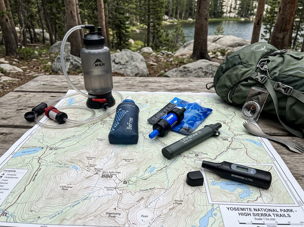 various filtration devices on a trail map - water purification for backpacking