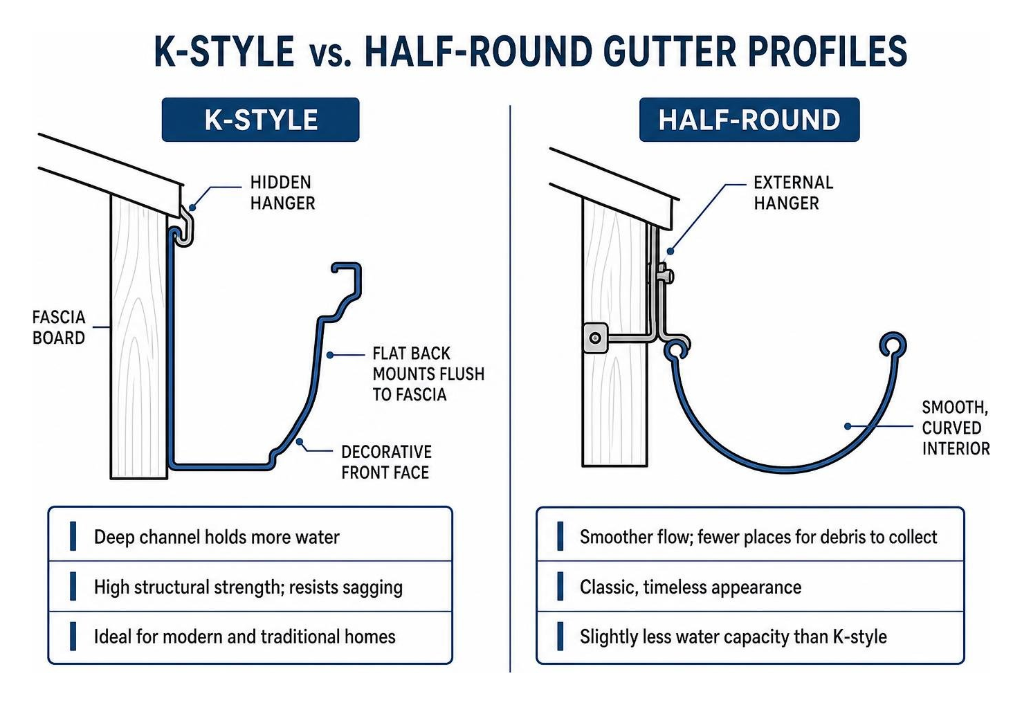 Diagram showing cross-section comparison between K-style and half-round gutter profiles Diagram showing cross-section comparison between K-style and half-round gutter profiles