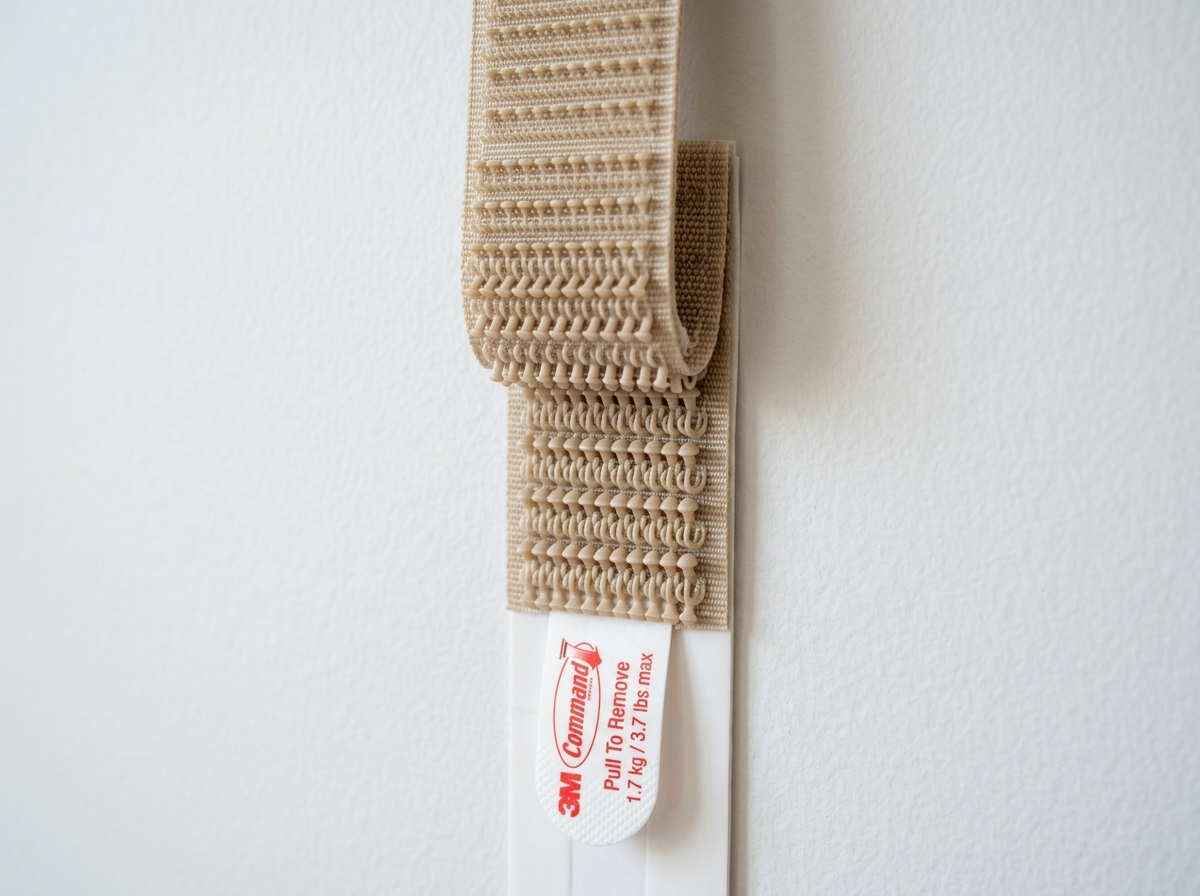 Close up of interlocking fastener technology and stretch release adhesive strip - adhesive hooks for pictures
