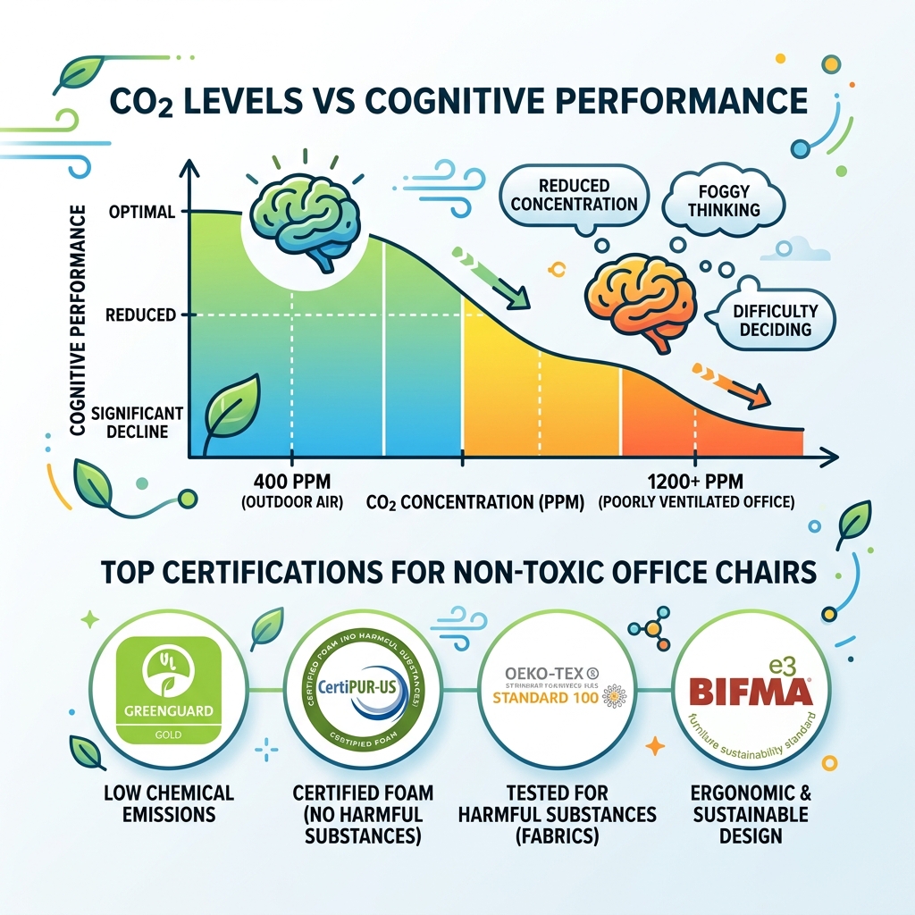 Infographic showing CO2 levels vs cognitive performance and top certifications for non-toxic office chairs - non toxic