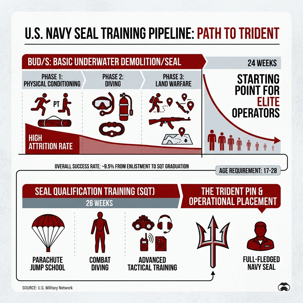 SEAL training pipeline infographic showing BUD/S phases, attrition rates, SQT, and path to Trident - U.S. Navy SEAL Careers