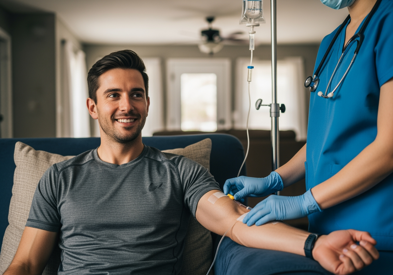 athlete utilizing IV therapy for muscle recovery - house call hydration