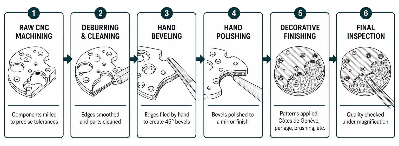 Diagram showing watch finishing steps from raw CNC machining to hand beveling and decorative polish Diagram showing watch finishing steps from raw CNC machining to hand beveling and decorative polish