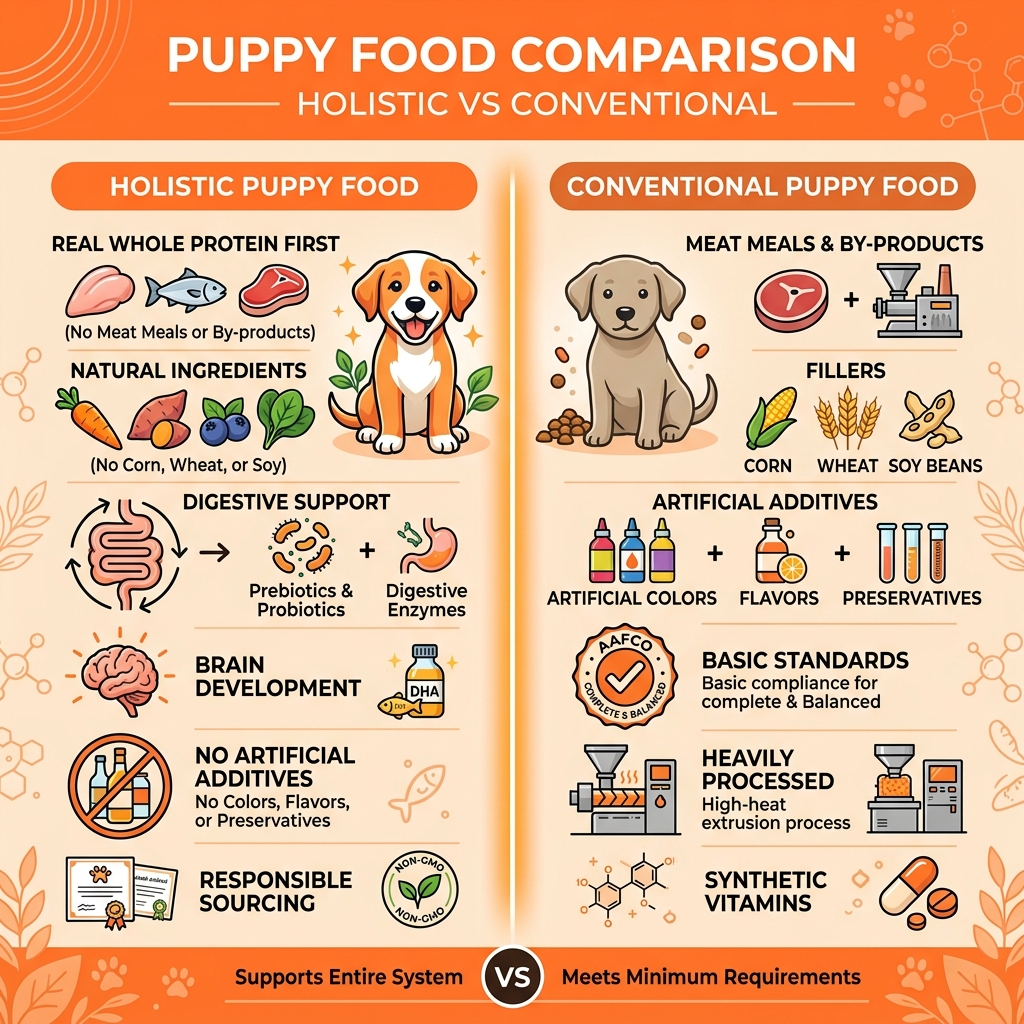 Holistic vs conventional puppy food comparison infographic - holistic puppy food infographic 