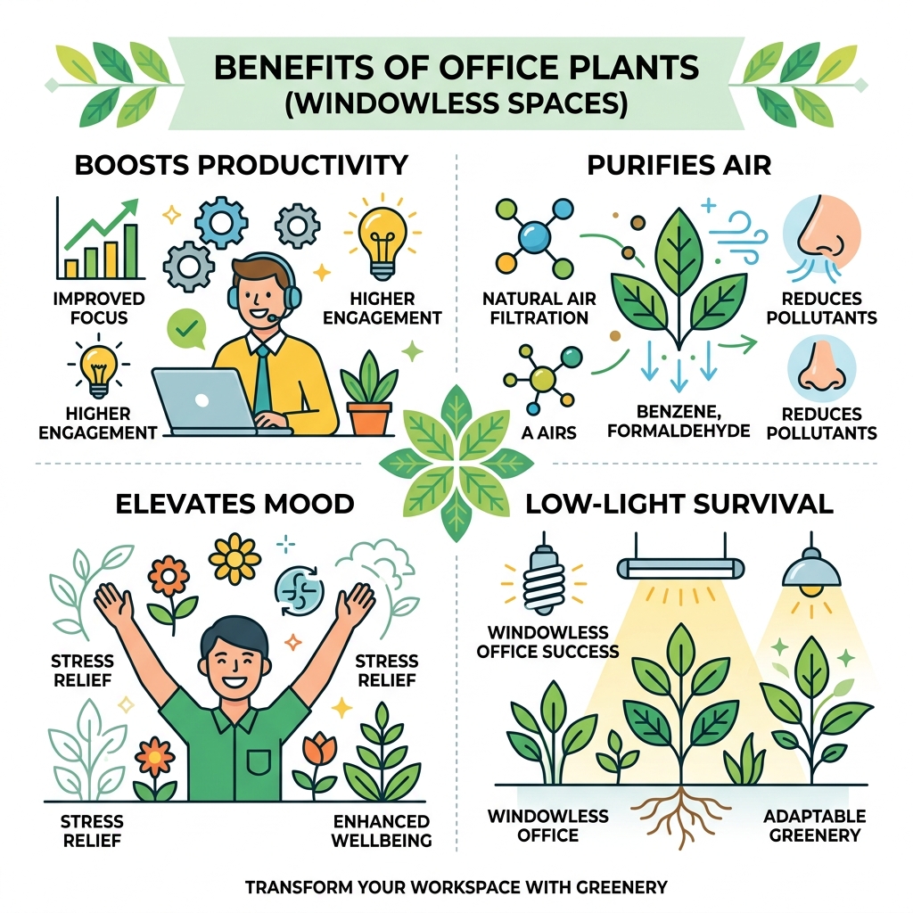 benefits of office plants infographic: productivity, air quality, mood, low-light survival - best plants for office no benefits of office plants infographic: productivity, air quality, mood, low-light survival - best plants for office no