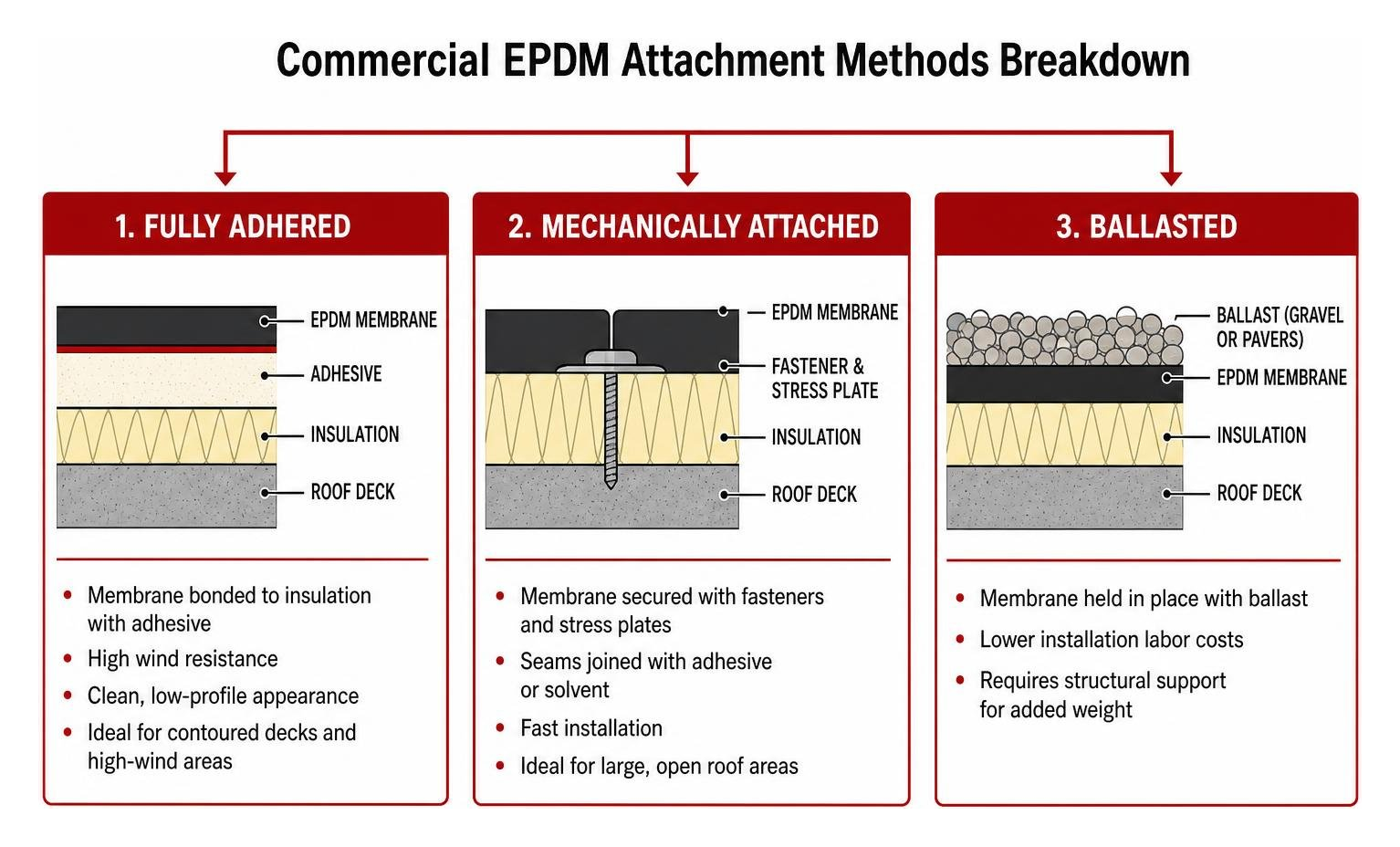 Commercial EPDM attachment methods breakdown Commercial EPDM attachment methods breakdown