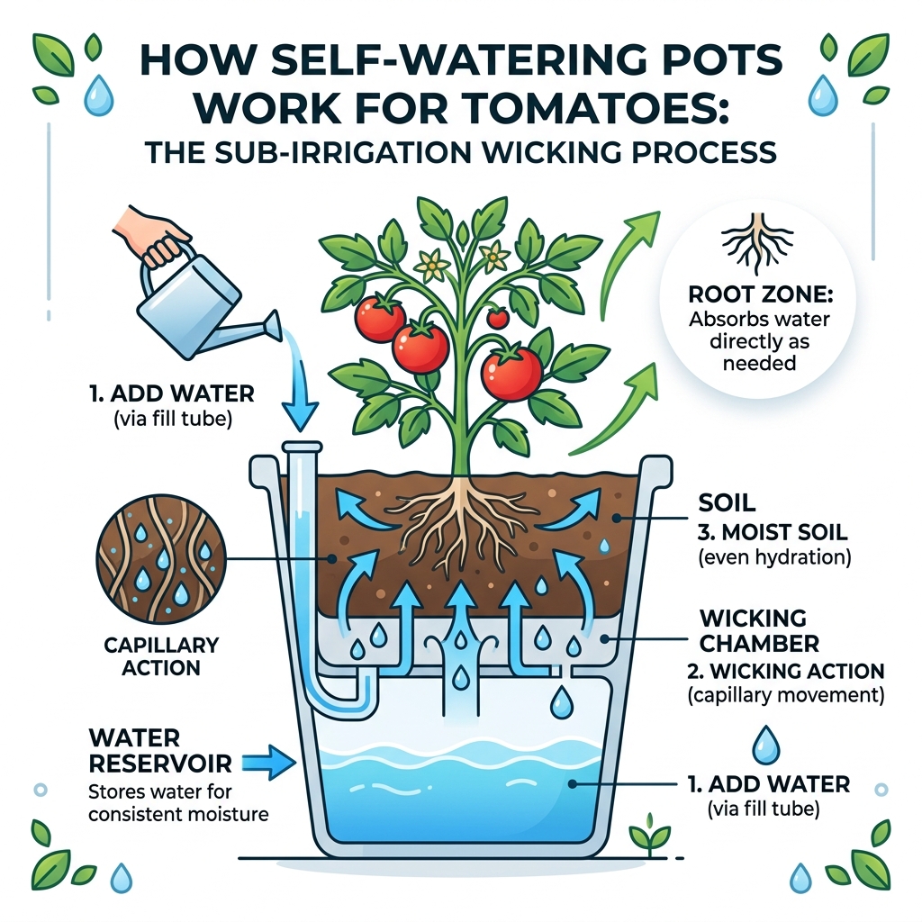 How self-watering pots work for tomatoes - sub-irrigation wicking process infographic - self watering pots for tomato plants