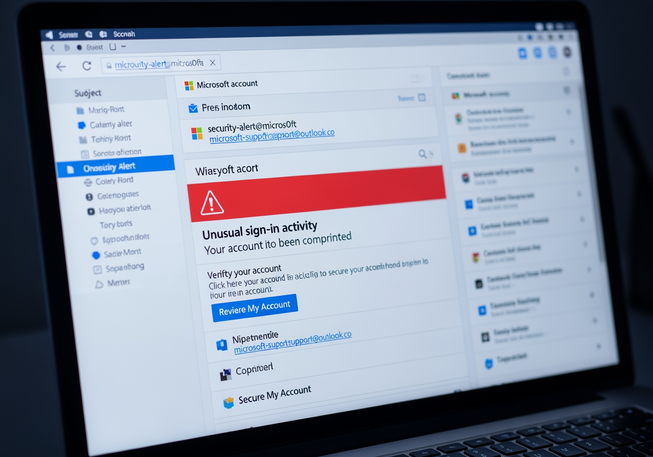 Fake Microsoft email with red flags highlighted - microsoft account security alert email