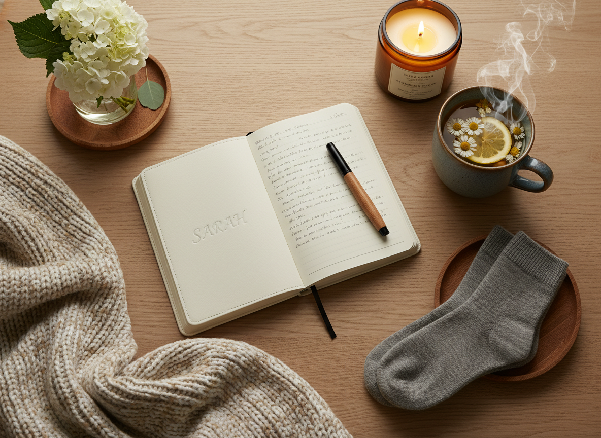 personalized self-care kit items like a journal, candle, and tea - Finding peace after divorce