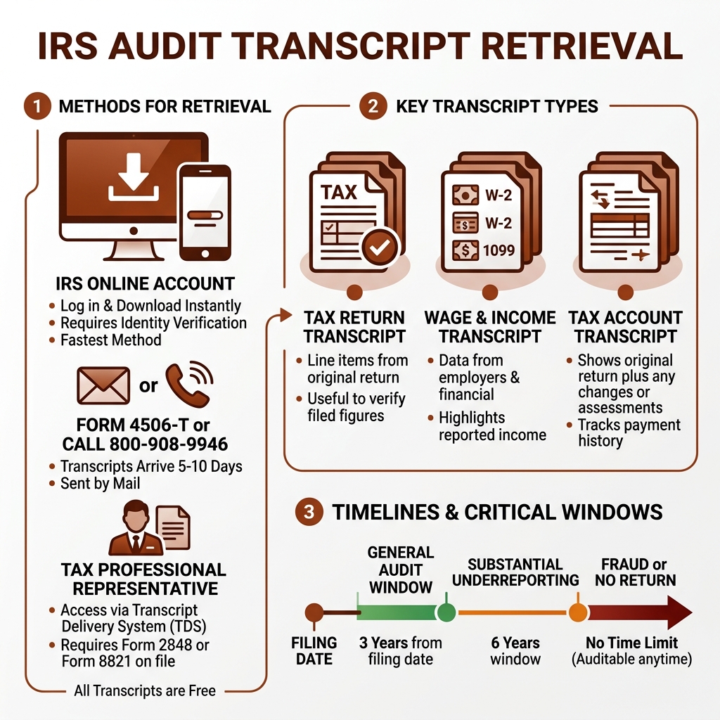 IRS audit transcript retrieval methods, types, and timelines infographic - IRS audit transcript retrieval infographic