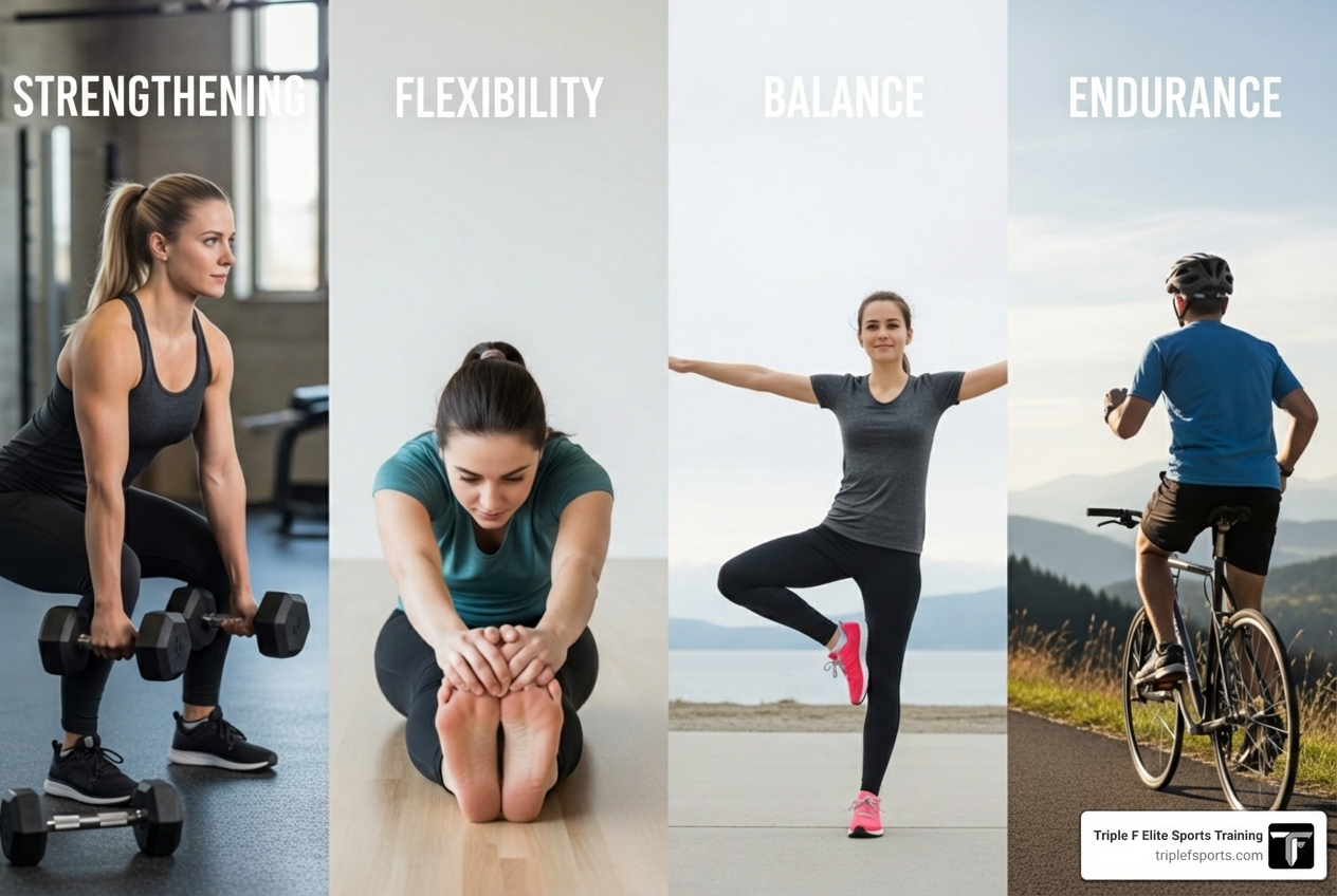 collage showing examples of strengthening, flexibility, balance, and endurance exercises - therapeutic exercise physical therapy collage showing examples of strengthening, flexibility, balance, and endurance exercises - therapeutic exercise physical therapy