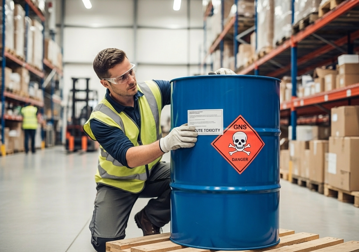 Worker applying hazmat labels to a drum - 3rd party hazmat shippers near me