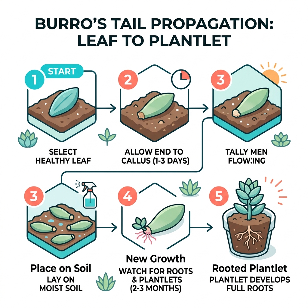 Burro's Tail propagation lifecycle from leaf to rooted plantlet infographic - burro tail propagation infographic Burro's Tail propagation lifecycle from leaf to rooted plantlet infographic - burro tail propagation infographic