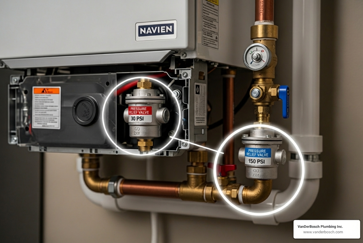 Navien combi-boiler with 30 PSI and 150 PSI valves highlighted - Navien pressure relief valve Navien combi-boiler with 30 PSI and 150 PSI valves highlighted - Navien pressure relief valve