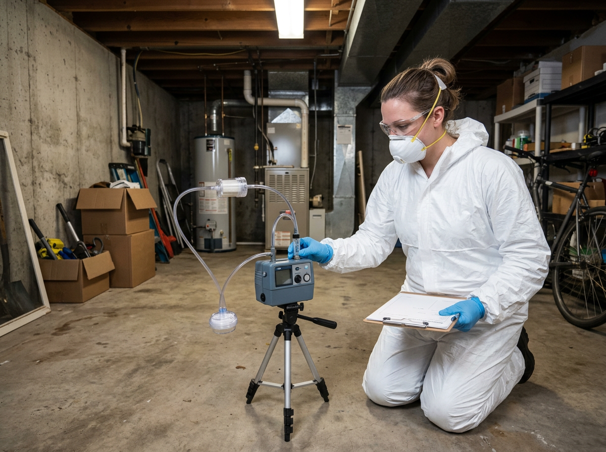 A certified environmental assessor taking air samples