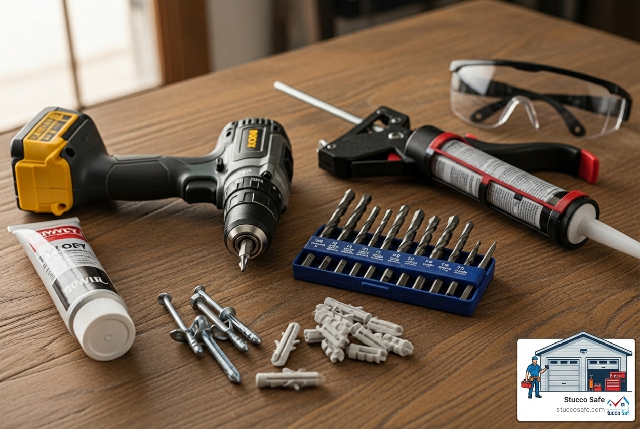 essential tools laid out: drill, masonry bits, epoxy, caulk gun, anchors, safety goggles - how to fix loose anchor screws in stucco essential tools laid out: drill, masonry bits, epoxy, caulk gun, anchors, safety goggles - how to fix loose anchor screws in stucco