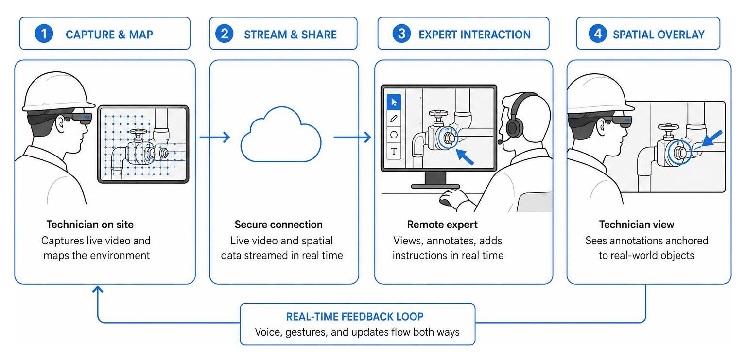Diagram showing the spatial mapping and real-time interaction workflow in an AR session