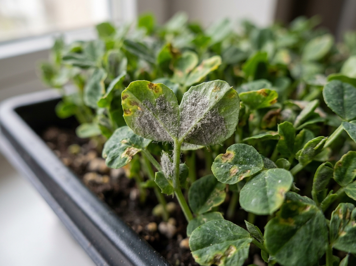 gray fuzz on the underside of microgreen leaves indicating downy mildew - microgreens downy mildew cure gray fuzz on the underside of microgreen leaves indicating downy mildew - microgreens downy mildew cure