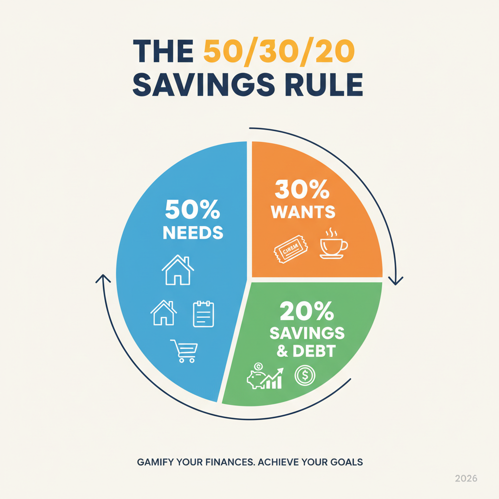 Infographic showing the 50/30/20 savings rule: 50% needs, 30% wants, 20% savings and debt - savings goal progress tracker