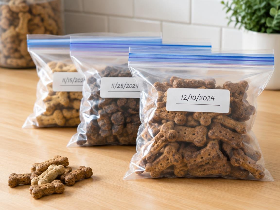 Dated freezer storage bags for pet treats