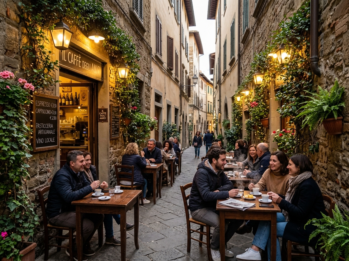 cozy non-touristy cafe in a European alleyway with warm lighting and local patrons - hidden gems for singles
