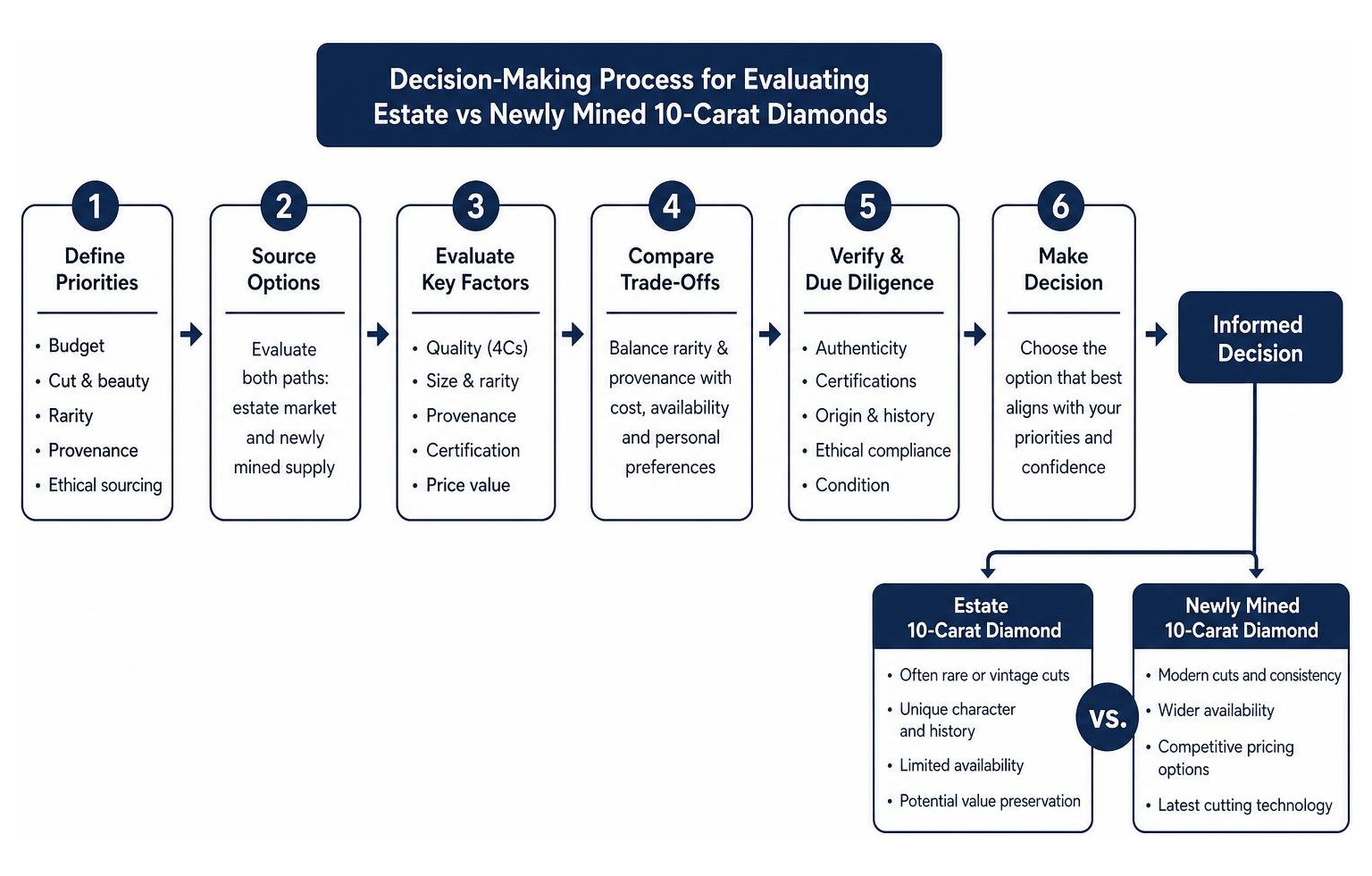 Decision-making process for evaluating estate vs newly mined 10-carat diamonds