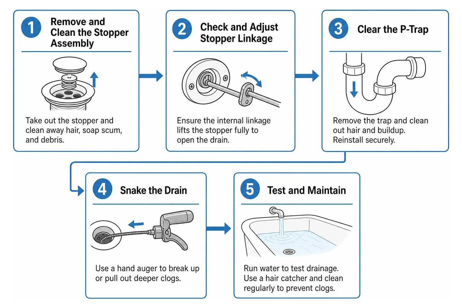 Step-by-step DIY drain clearing progression Step-by-step DIY drain clearing progression