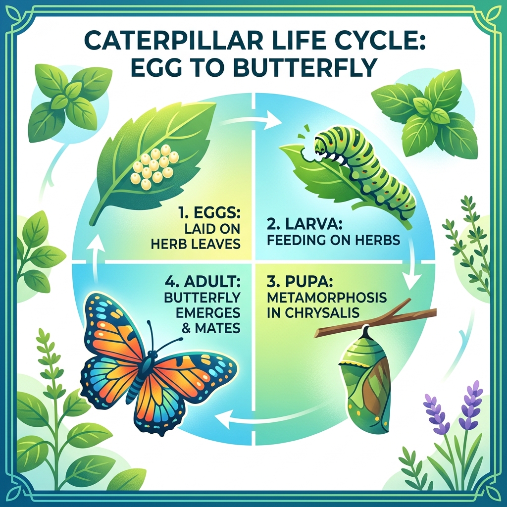 caterpillar life cycle from egg to butterfly stages infographic - get rid of caterpillars on herbs infographic 