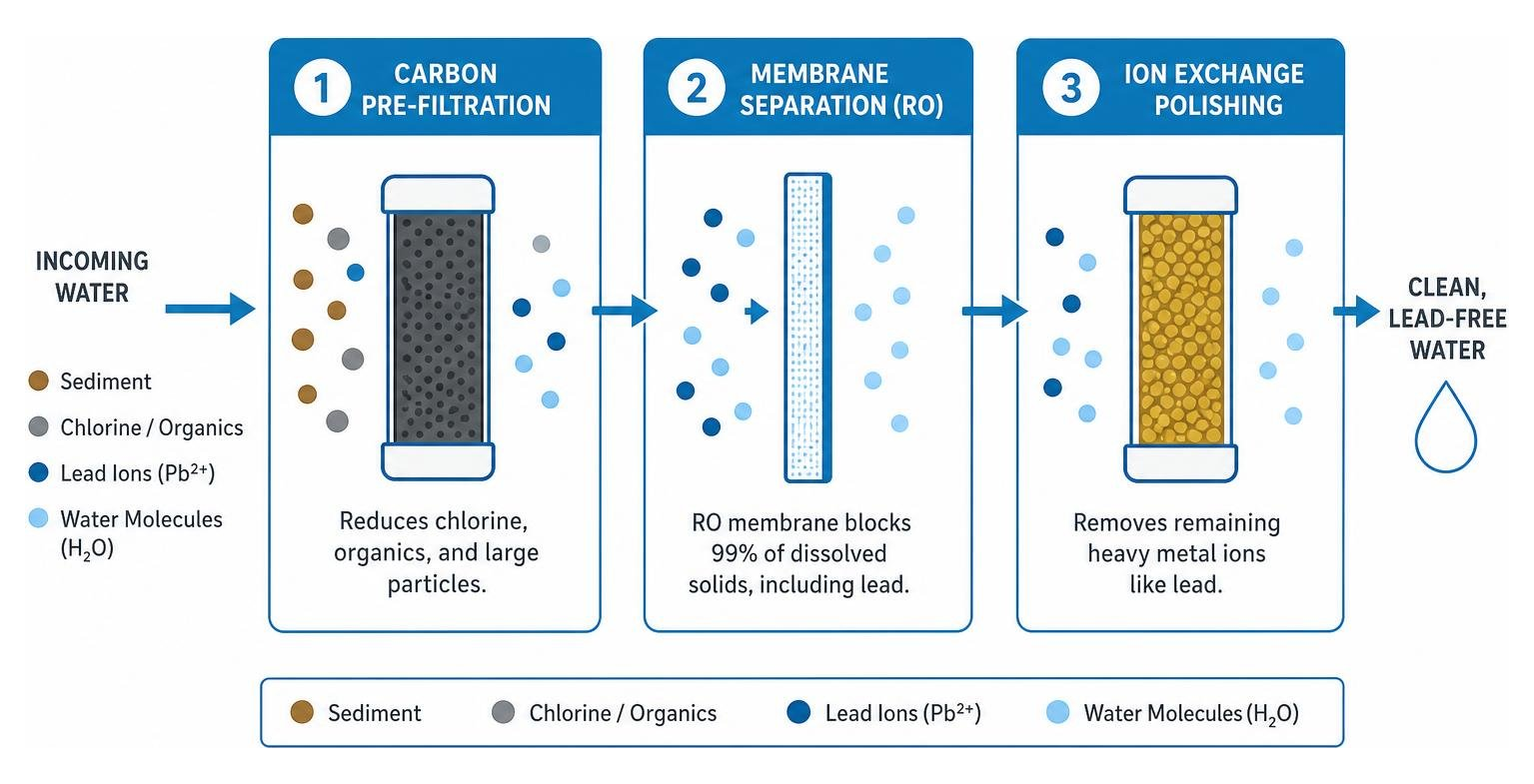 Diagram of multi-stage lead removal: carbon pre-filtration, membrane separation, and ion exchange