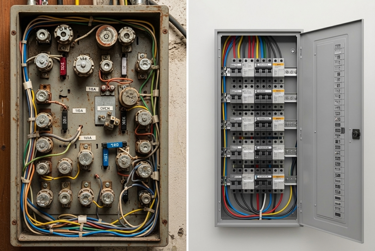 Image comparing an old, crowded 100-amp fuse box with a new, spacious 225-amp breaker panel - 220 amp panel