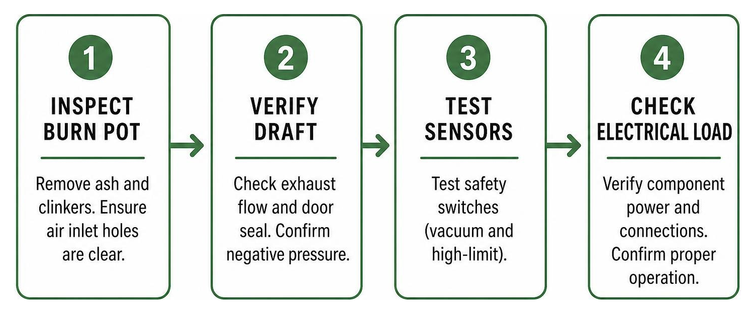 Pellet stove diagnostic process: inspect burn pot, verify draft, test sensors, check electrical load