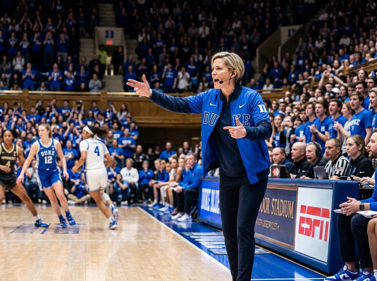 Head Coach Kara Lawson coaching Duke Blue Devils on the sidelines - duke university women's basketball