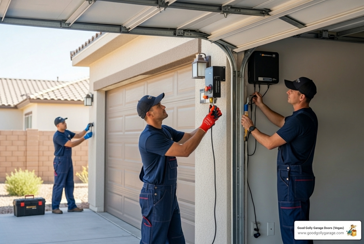 Infographic showing Good Golly Garage Doors Las Vegas NV services including emergency repair with same-day service, professional installation with custom options, preventative maintenance with annual tune-ups, and opener services with smart home integration, all backed by 100+ five-star reviews and 24/7 availability - good golly garage doors las vegas nv Infographic showing Good Golly Garage Doors Las Vegas NV services including emergency repair with same-day service, professional installation with custom options, preventative maintenance with annual tune-ups, and opener services with smart home integration, all backed by 100+ five-star reviews and 24/7 availability - good golly garage doors las vegas nv