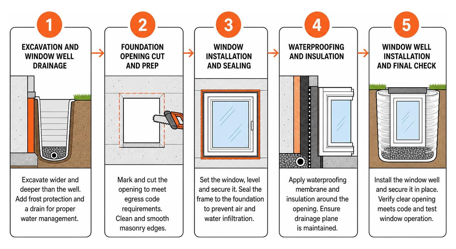Overview diagram of the 5-step basement egress window installation workflow