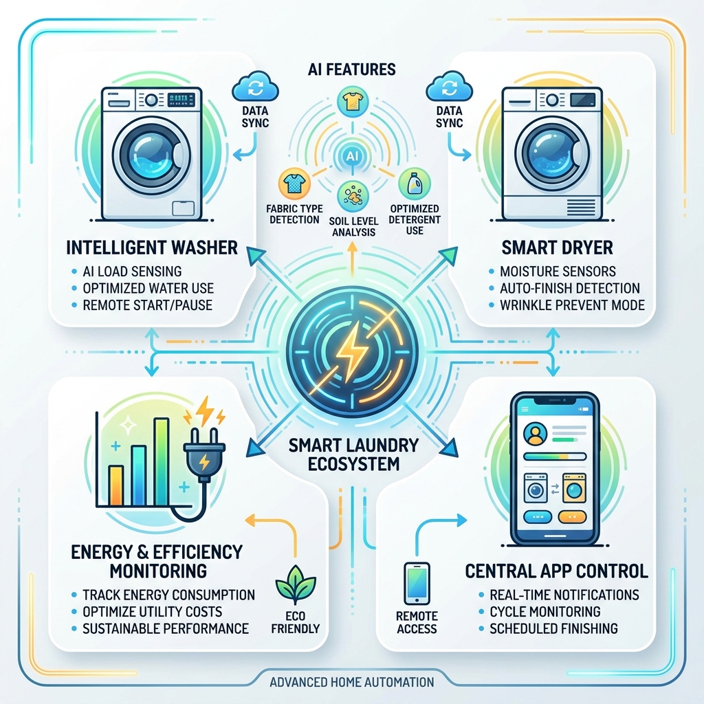 Smart laundry room ecosystem showing washer, dryer, app, AI features, and energy monitoring connected - laundry room smart Smart laundry room ecosystem showing washer, dryer, app, AI features, and energy monitoring connected - laundry room smart