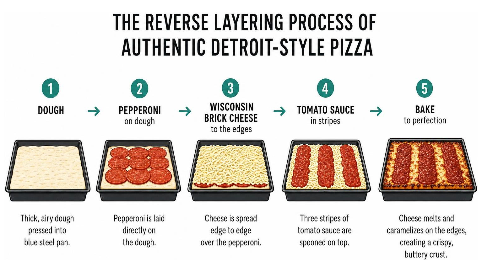 Diagram of the reverse layering process of authentic Detroit style pizza
