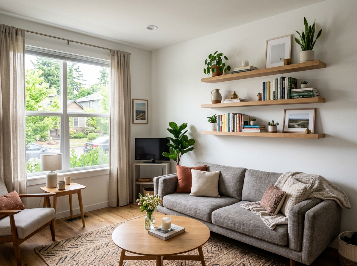 Decorated rental apartment with stylish floating shelves - floating shelves no holes