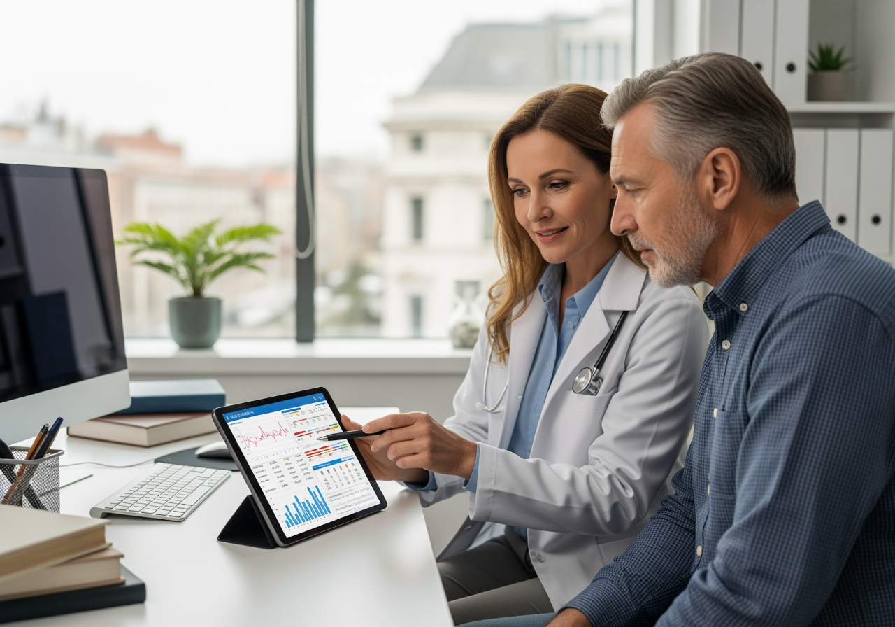 patient and doctor reviewing test results on a tablet - specialized medical care