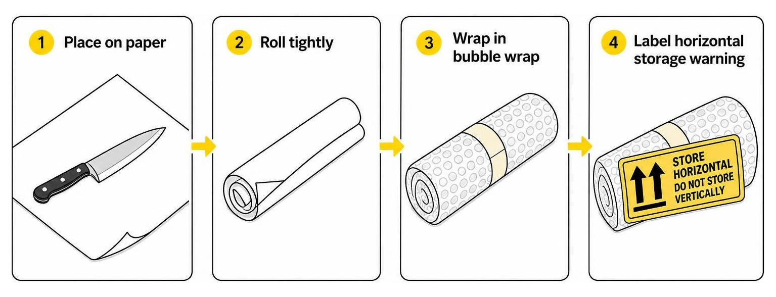 Knife packing process: place on paper, roll tightly, wrap in bubble wrap, label horizontal storage warning